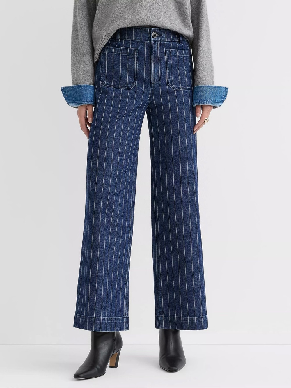 LOFT Palmer Wide Leg Jeans | Blue/White Pinstripe - Picture 2 of 12